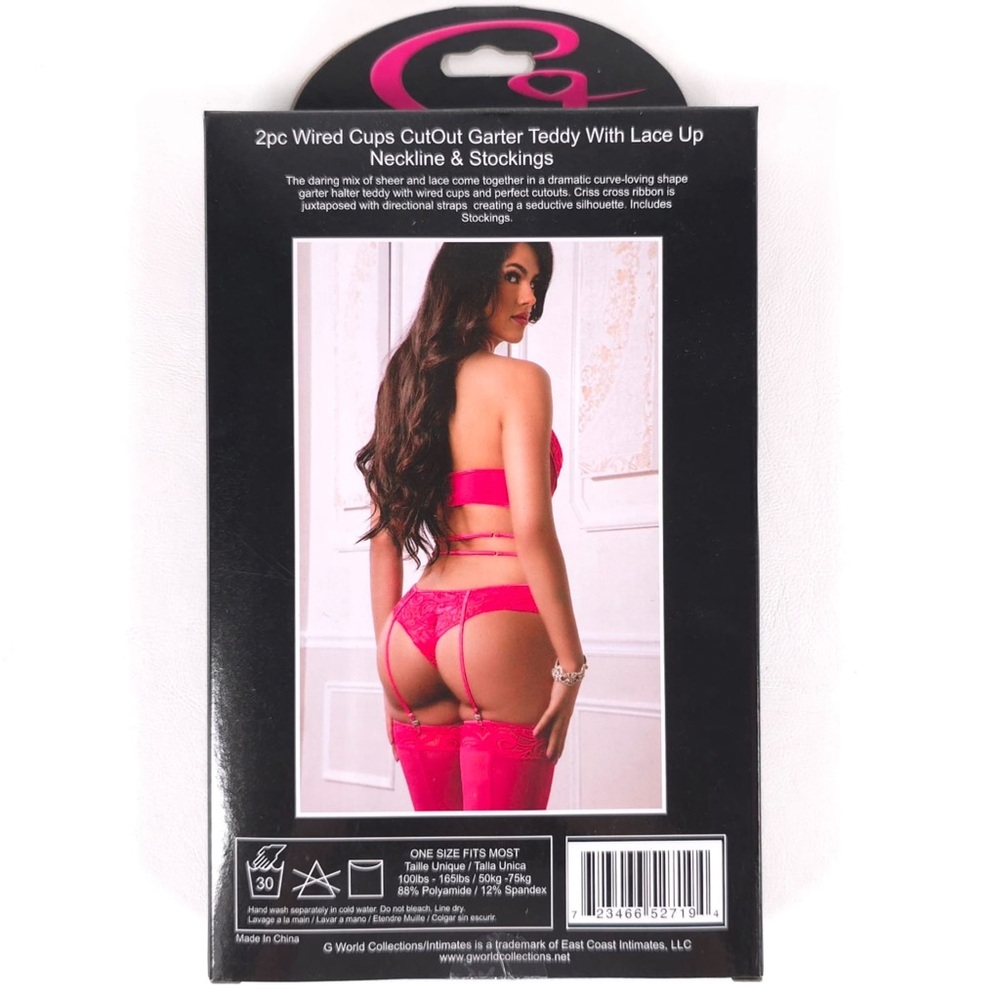 NWB G WORLD Strawberry Daiquiri 2pc Wired Cups Cutout Garter Teddy Lace Up O/S - Picture 7 of 7